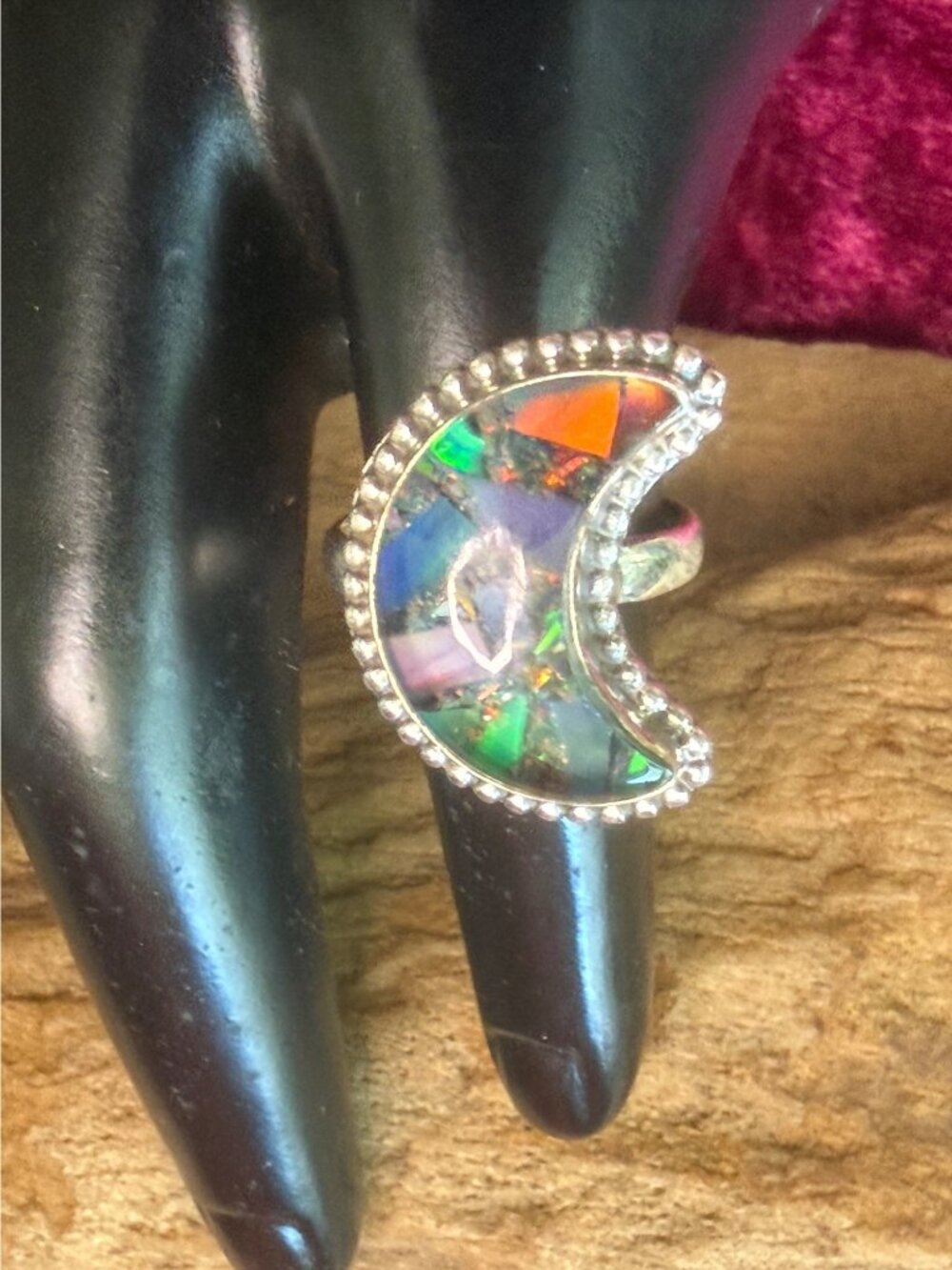Sterling Silver Moon-Shaped Opal Ring With Inlay Design Size 6.25